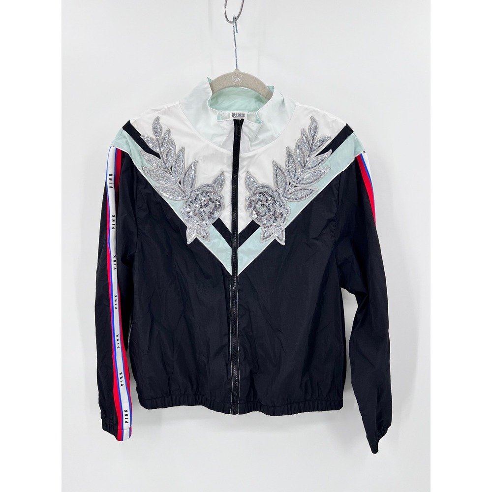 Victorias Secret PINK Sequin Floral Windbreaker Jacket Black White Mint M/L